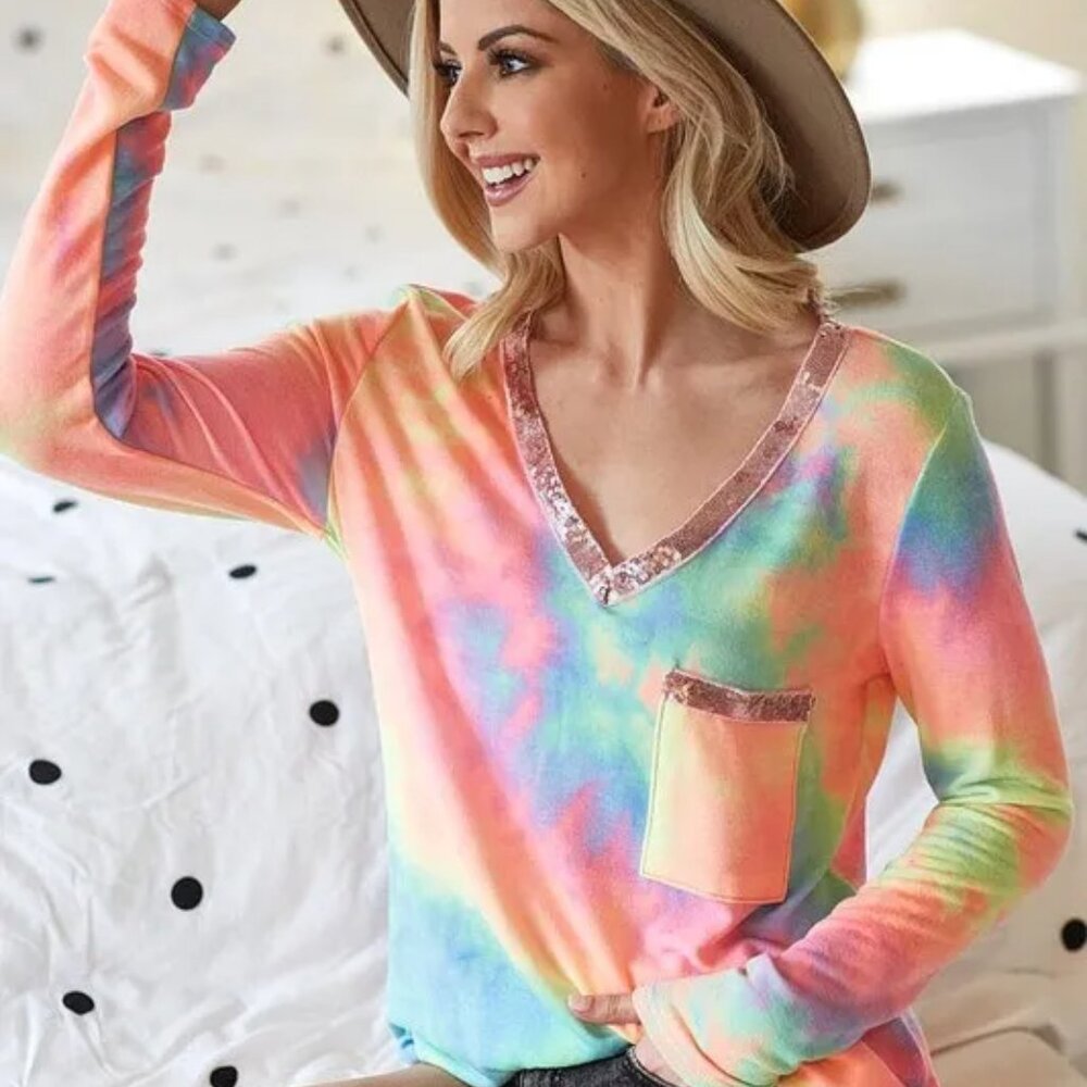 BiBi Tie Dye V-neck Terry Knit Top With Sequins